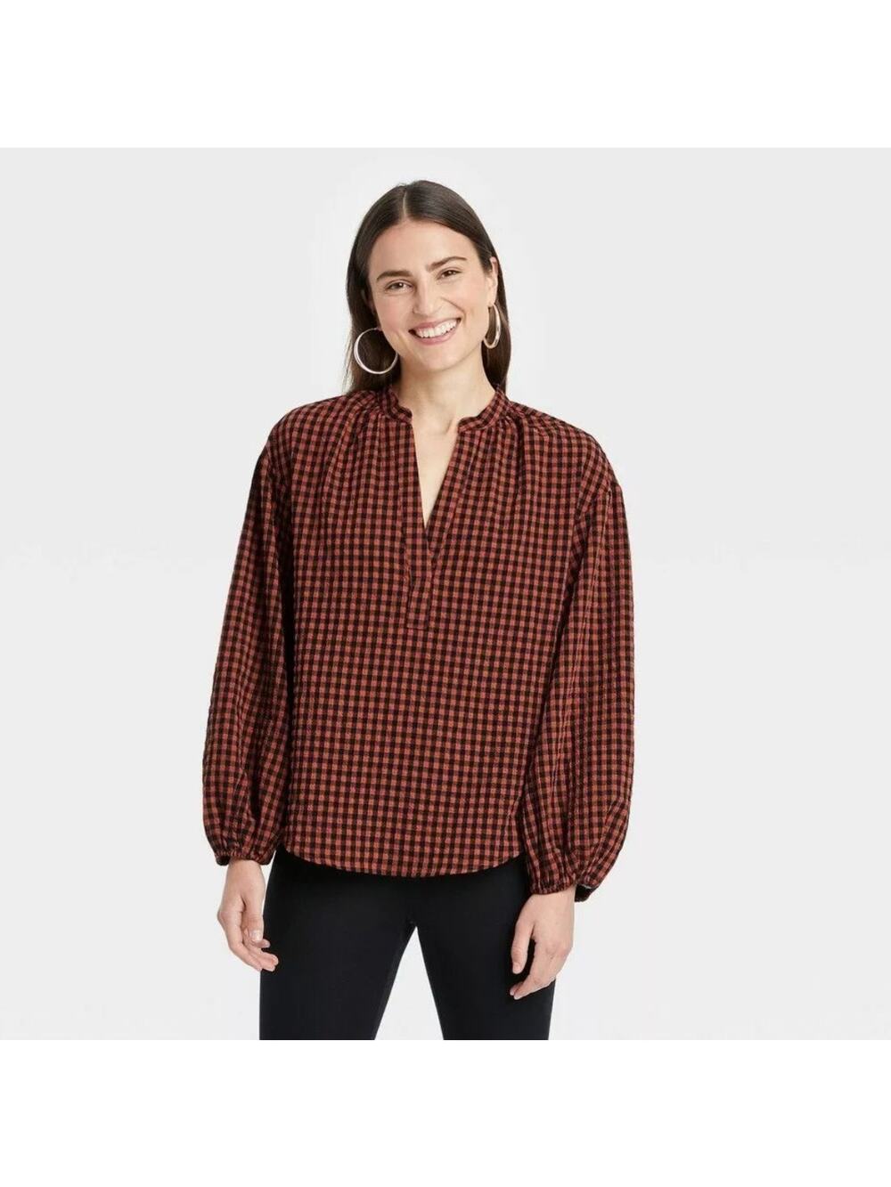A New Day Orange/Black Check Gingham Balloon Sleeve Popover Peasant Blouse WMN S